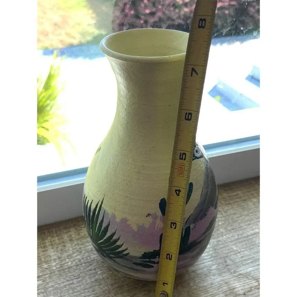 2007 Southwestern Roadrunner Cactus Painted Yellow Vase Signed